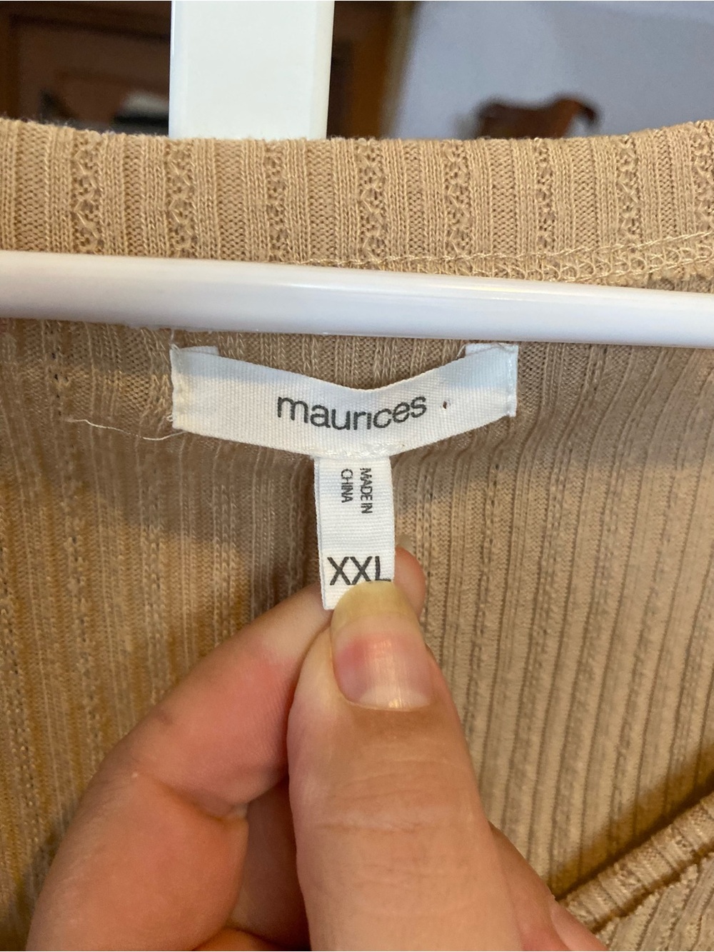 Maurices Ribbed V-Neck Long Sleeve Lacey Top- Beige - Picture 2 of 4